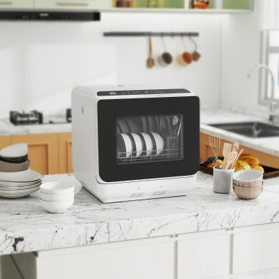 HOMCOM Countertop Dishwasher with Built-in 6L Water Tank, 5 Wash Programs, Touch Control, LED Display, Dual Water Supply, White