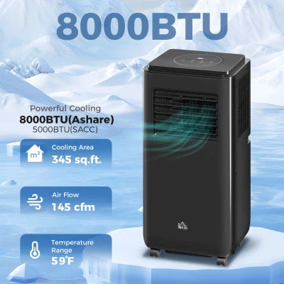 HOMCOM 8,000 BTU Mobile Air Conditioner 345 Sq. Ft., Dehumidifier Fan Auto Sleep with 24H Timer On/Off, Window Kit, Black
