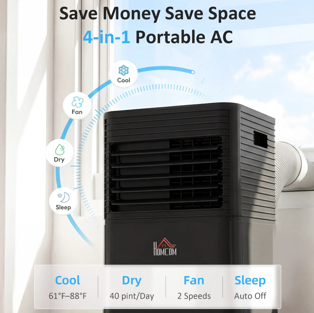 HOMCOM 10000 BTU Black Portable Air Conditioner with Fan & Dehumidifier Mode