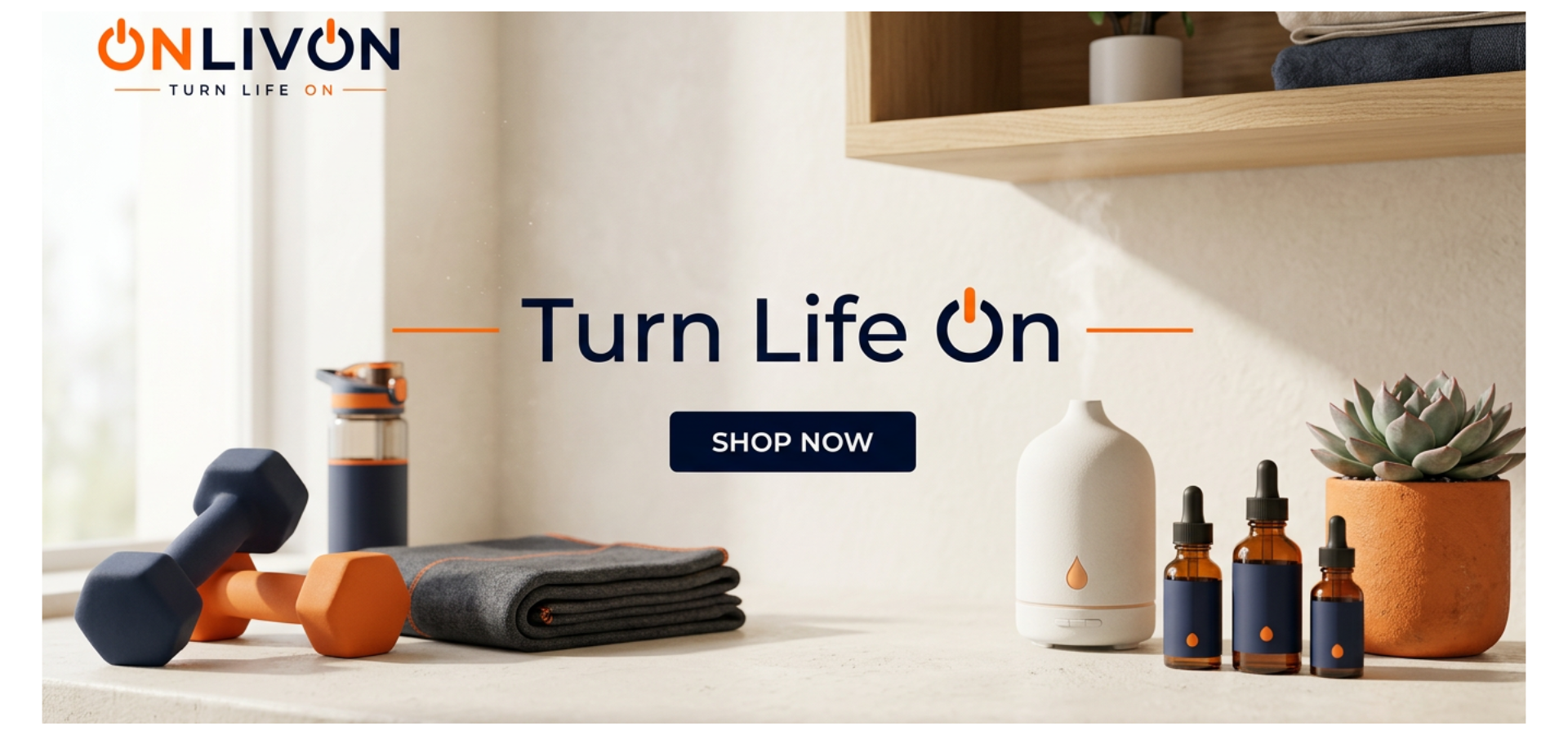 Onlivon advertisement with fitness equipment and products on a shelf.