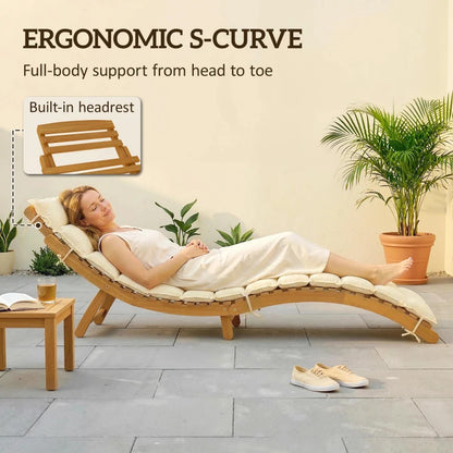 Outsunny Acacia Wood Folding Chaise Lounge Cream White